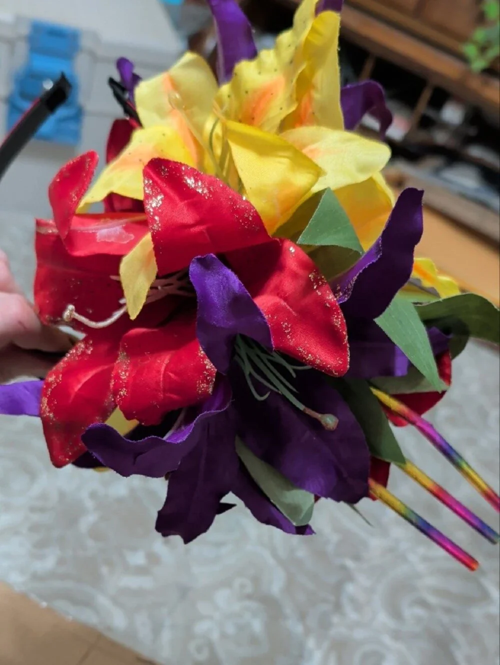Festive Multicolor Faux Floral Headband with Red, Yellow & Purple Blooms
